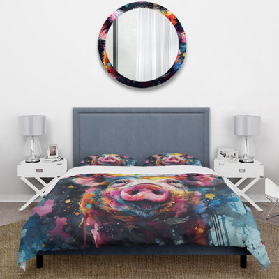 Colourful Pig Portrait - Animals Duvet Cover Set - Microfiber Polyester