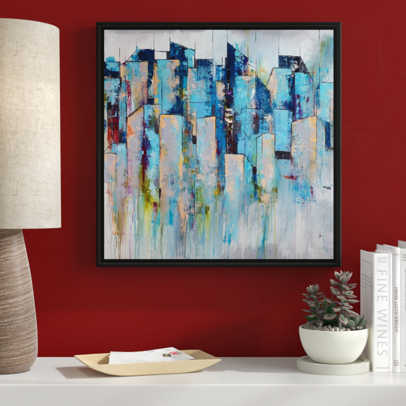 « centre-de-mémoire », peinture sur toile, H 25,7 po x l 25,7 po x p 1,75 po, Cadre flottant noir