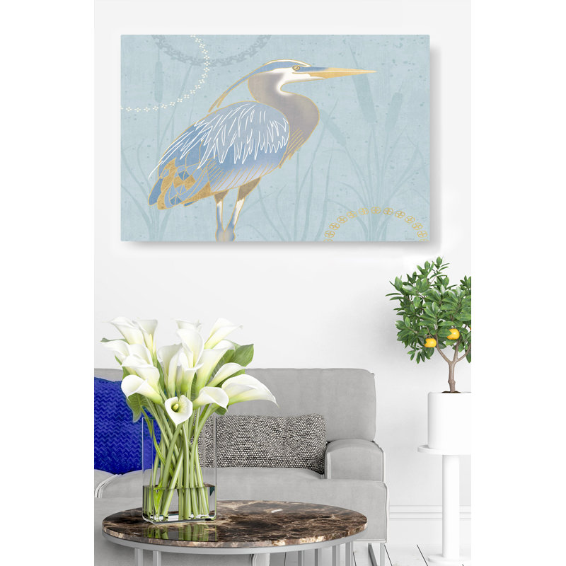 Heron Egret By The Shore II, bord de mer, oiseau, bleu, gris, jaune, H 16 po x l 24 po x P 1,5 po