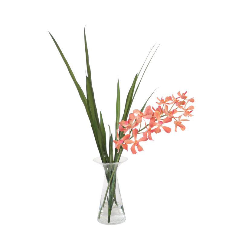 Orange Vanda Orchids with Foliage in Glass Astarte Vase