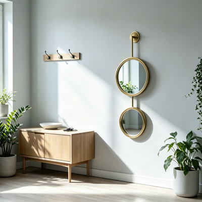 Dual‑circle wall accent mirror, gold iron framed vertical 2‑panel wall mirror for entryway living room bedroom decor