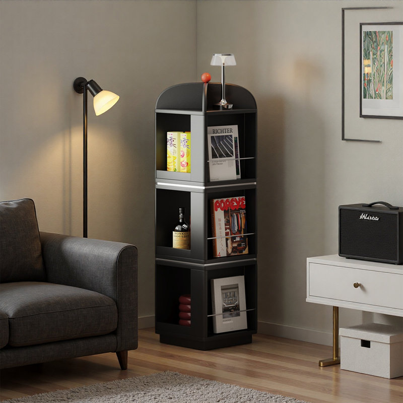 Bibliothèque rotative à 3 niveaux en bois de frêne, Noir