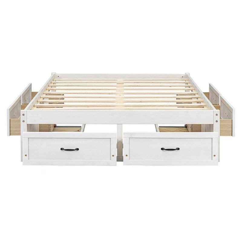 Lit plateforme double avec 6 tiroirs de rangement, Blanc antique