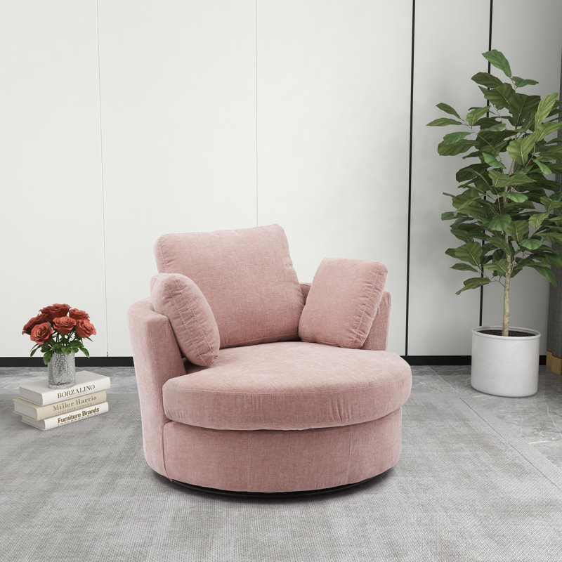 Chemaia Upholstered Swivel Barrel Chair, Pink Chenille