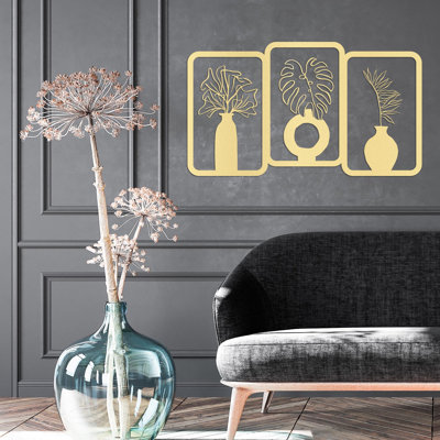 Set of 3 Metal Wall Art, Botanical Leaf Decor, Modern Living Room Art, Minimalist Vase with Flowers, Monstera & Palm Leaf Wall Hanging
