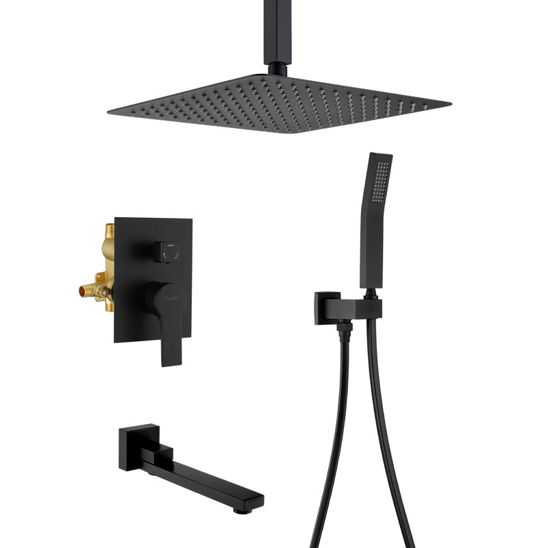 Le système de douche de pluie de plafond avec bec de baignoire 3 fonctions de robinet de douche contient une pomme de douche de 12 pouces et un ensemble de garniture de douche à main, cartouche de valve incluse