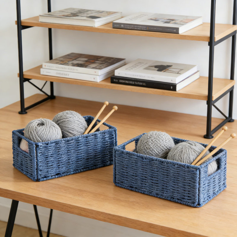 Hand-Woven Paper Rope Storage Baskets, Set Of 2 Collapsible Wicker Organizer Bins For Shelves, Foldable Cube Baskets For Bathroom, Living Room, And Kitchen Organization