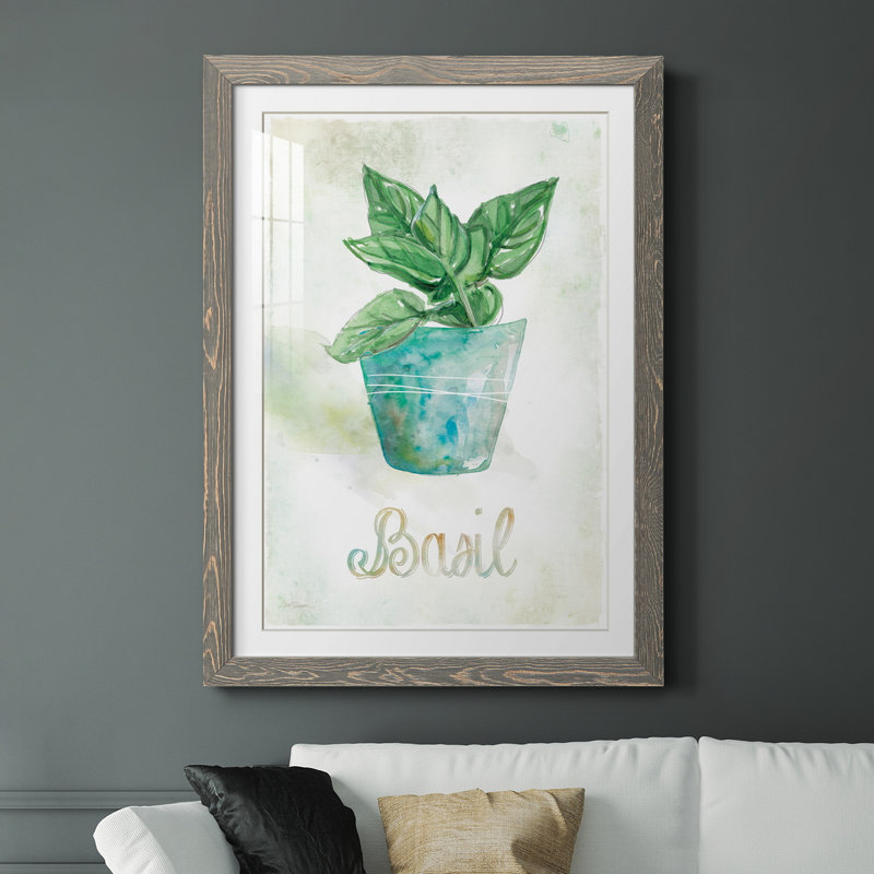 Basilic en pot - peinture, Cadre en papier gris, H 20 po x l 17 po x P 1,5 po