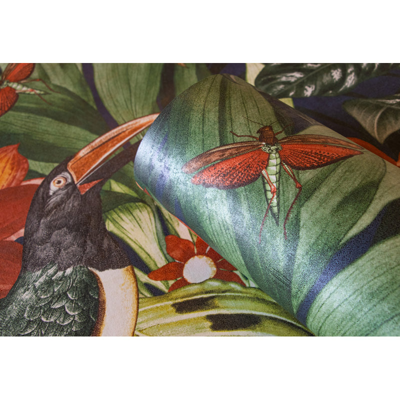 Tropical Collection Palau Floral Fish and Bird Inspired 27.8' L x 27.5" W Wallpaper Roll, Blueberry