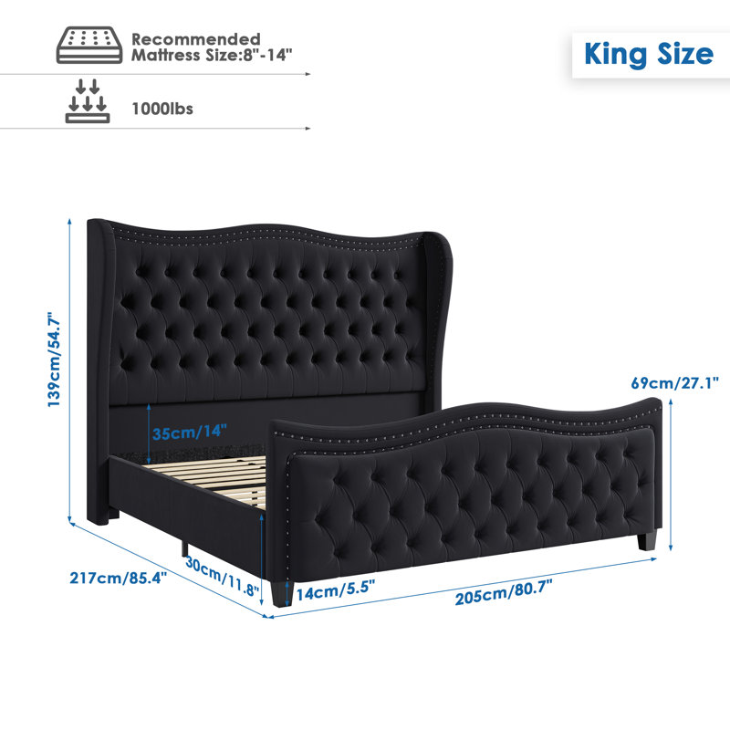 Metter Upholstered Wingback Bed, Black, King