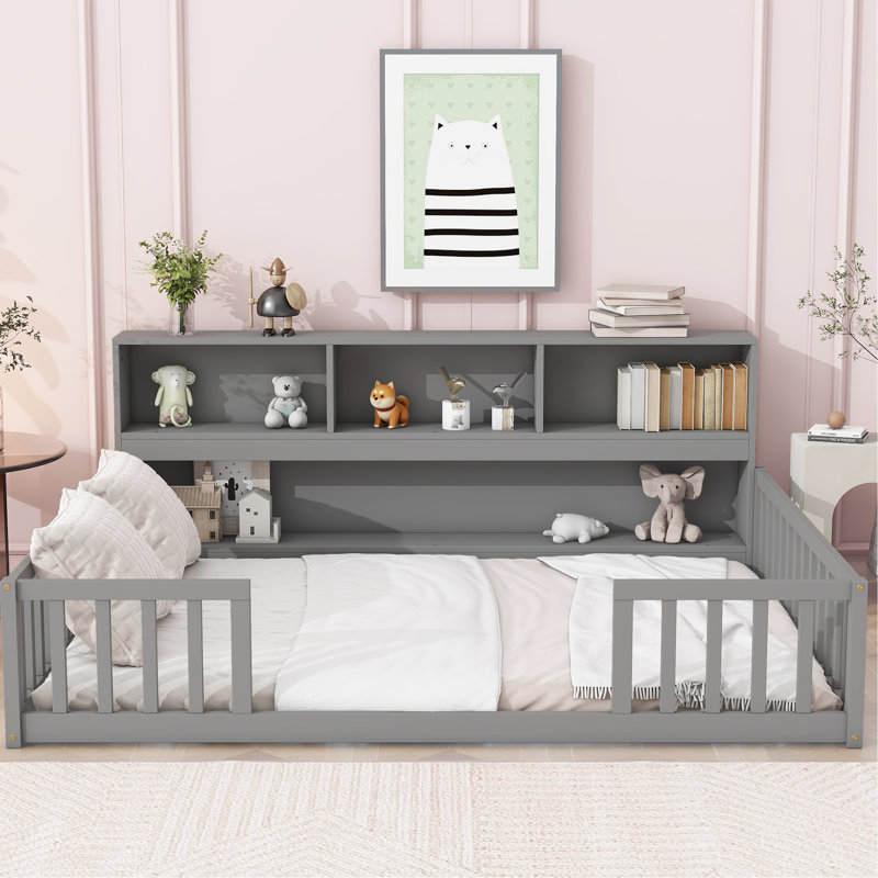 Lit double au sol avec tablettes latérales - Économie d'espace et design élégant gris, élégant et pratique, Lit double, Gris