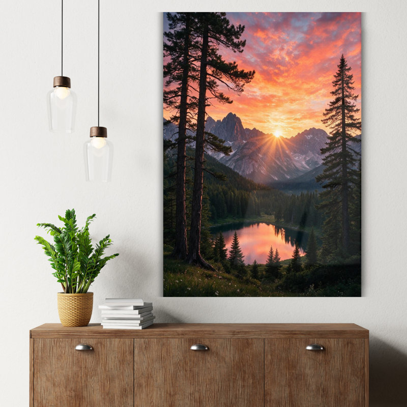 Art mural en verre trempé Mountain Lake Sunset, H 16 po x l 12 po