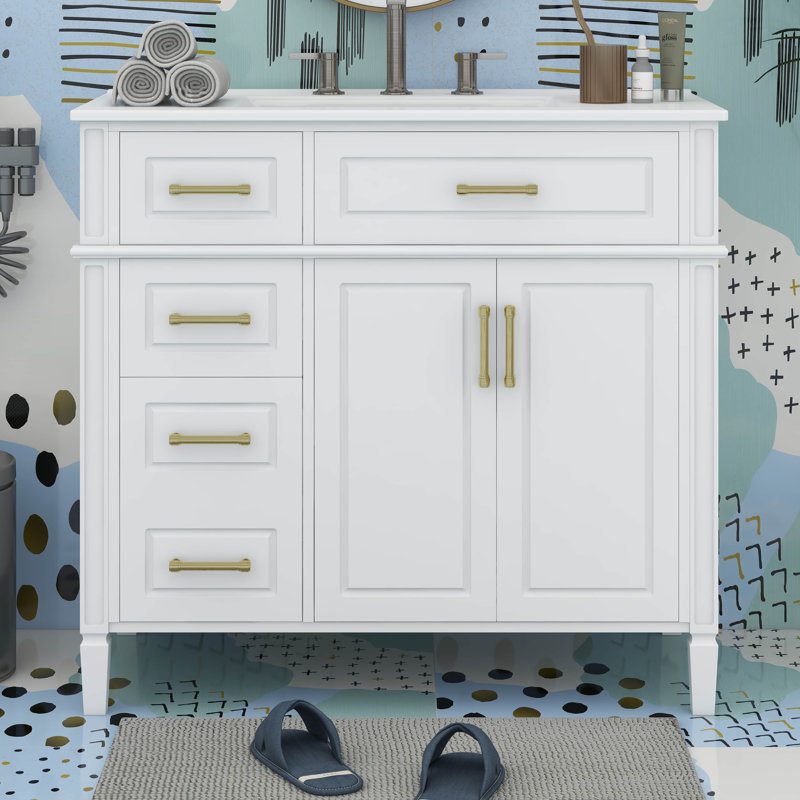 Ensemble de meuble-lavabo 36 po avec lavabo en céramique, ensemble de meuble-lavabo autoportant avec tiroir rabattable, 3 tiroirs et tablette réglable