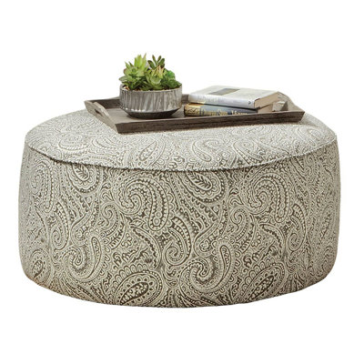 Transitional Style Round Upholstery Ottoman Welt Trim Paisley Pattern Multi Finish