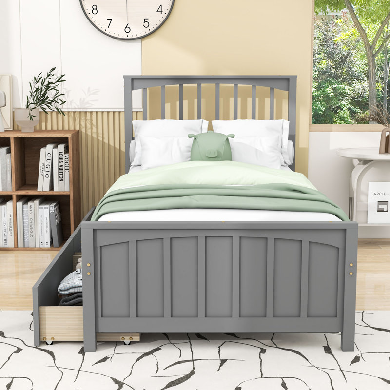 Lit plateforme simple en bois 2 tiroirs avec tête de lit, Gris