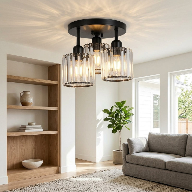 Plafonnier semi-encastré en cristal 3 lumières Modern, Noir