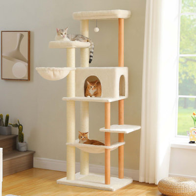 Tour à chat en bois avec hamacs spacieux, lits supérieurs et poteaux entièrement grattants pour chats d'intérieur
