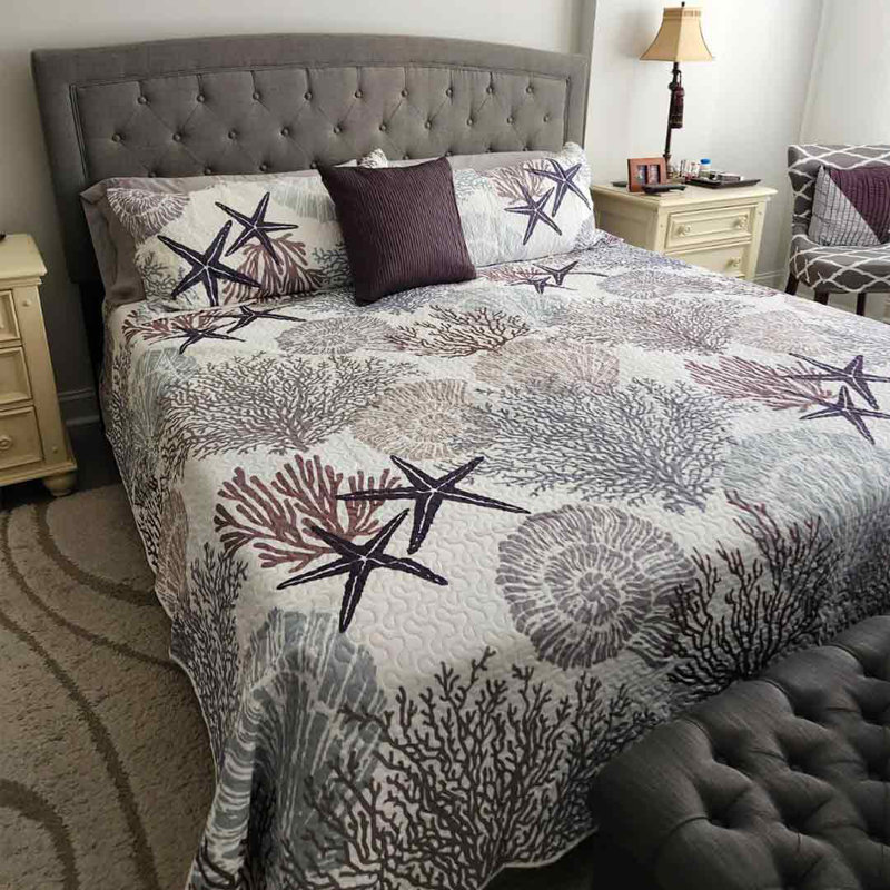 King Size Gray Coastal Reversible Microfiber Quilt Set