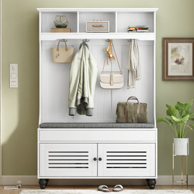 5-In-1 Entryway Bench With Shutter-Shaped Doors, Coat Rack, Cushion And 4 Sturdy Hooks, 47.2'' Wide Hall Tree With Storage Bench For Hallway, Entryway, Living Room