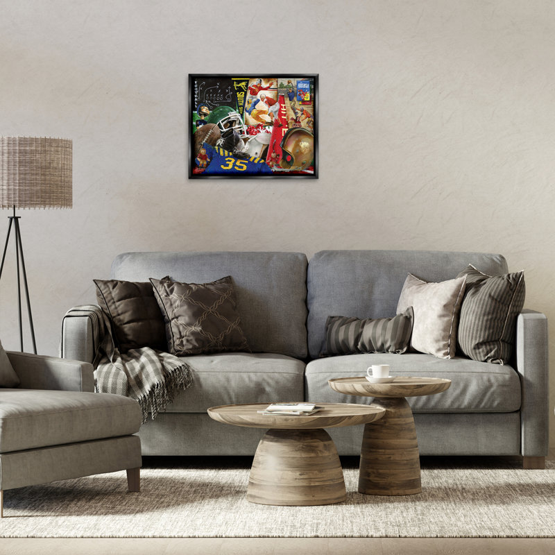 «Football Sports Collage Floater», art mural sur toile par Ed Wargo, H 17 po x l 21 po, Cadre flottant noir de jais