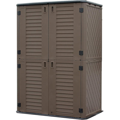 Armoire de rangement extérieure imperméable, remise verticale en résine pour meubles de patio, outils de jardin, accessoires de piscine, rangement pour tondeuse (66 pieds cubes, brun)