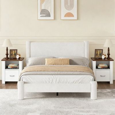 Boucle Upholstered Platform Bed with 2-Piece Farmhouse Rustic Oak Nightstand Set – 3-Piece Bedroom Suite
