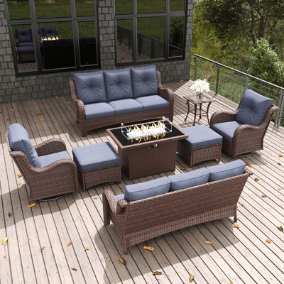  Ensemble de 8 meubles de patio extérieur avec table de foyer, ensemble de chaises berçantes modulaires en osier rotin avec repose-pieds, fauteuil coulissant pivotant et table basse