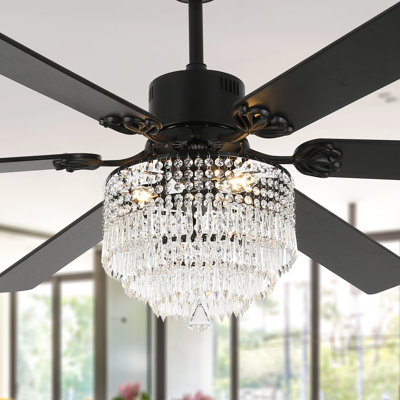 Leisel 65" Modern Glam Crystal Ceiling Fan with Lights, 6 Speeds Reversible Large Ceiling Fandeliers Crystal Chandelier Ceiling Fan