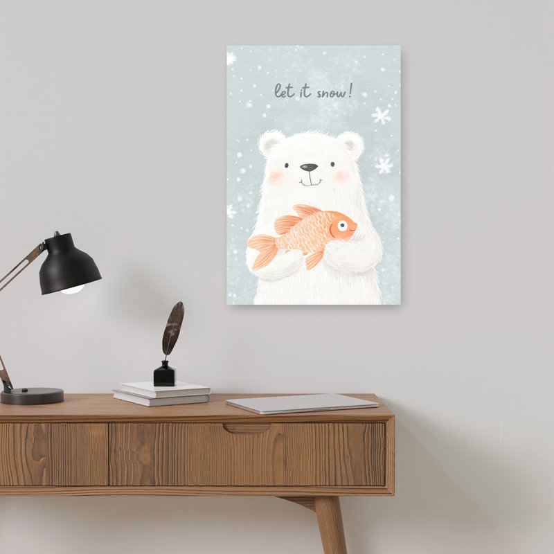 Let It Snow Bear Abstract Contemporary Bear Fish Winter Landscape Wall Art Print 1 Piece Wrapped Canvas Wall Art