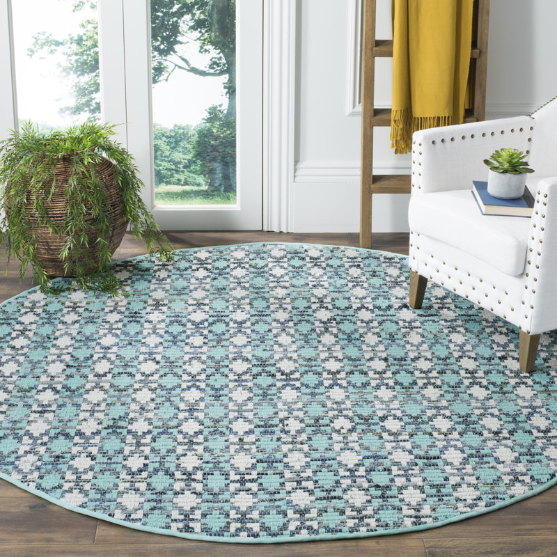 Saleem Flatweave Cotton Turquoise/Navy Blue/White Area Rug, Round 4'