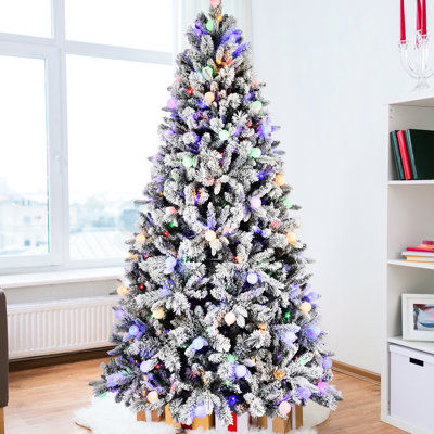 Arbre de Noël enneigé 7,5 pi avec lumières colorées à DEL 400l, 10 modes d'éclairage, interrupteur au pied, fil mémoire, aiguille dure Pe + + réaliste et présentoir festif G45, support en métal stable, Wire Ultra