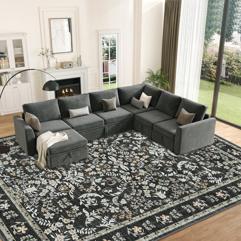 Washable Area Rug, Boho Floral Soft Rugs for Living Room, Non Slip Low Pile Carpet for Bedroom, Dining Room, Nursery, Hallway