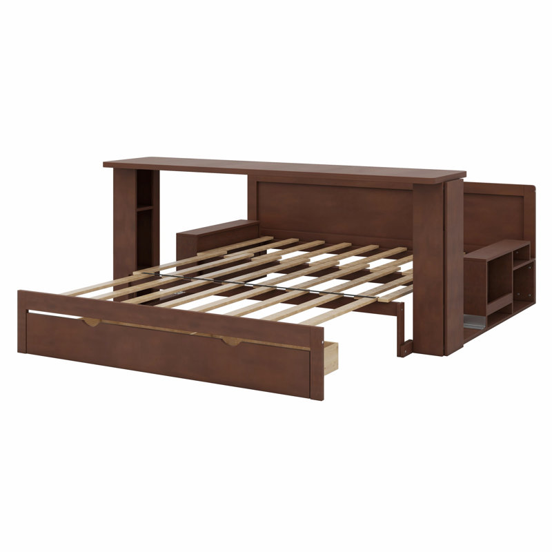Lit de jour avec bureau amovible, tiroirs de rangement et table d'appoint hydraulique, Grand, Espresso