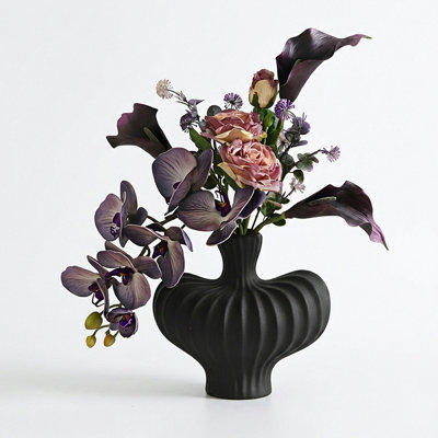 Ceramic Decorative Vase With Artificial Flowers, Orchids, Roses And Calla Lilies, Ribbed Style, Black And Beige, 8.3X8.7X5.5 Inch
