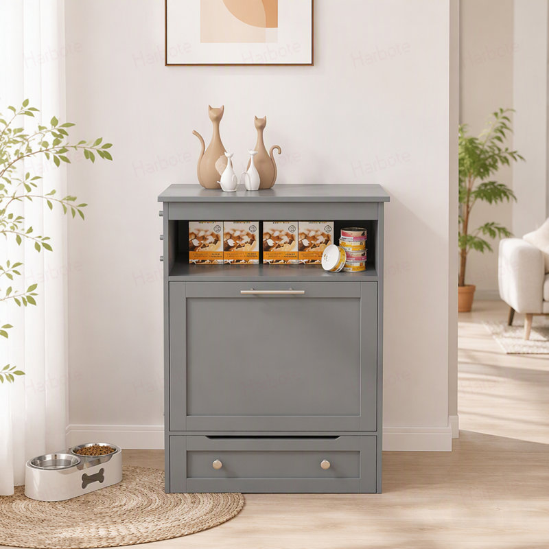 Armoire de rangement pour mangeoires pour animaux, avec bols surélevés pour chiens, Gris