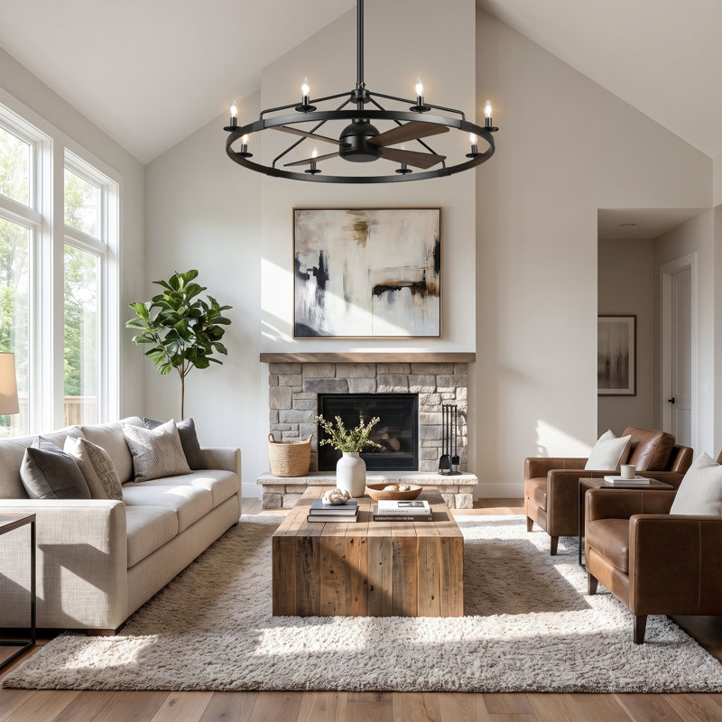 Vaczon 43.3" Wagon Wheel Fandelier Ceiling Fan with 8-Light and Remote Control, Chandelier Fan For Patio Foyer Living Room Bedroom Dining Room