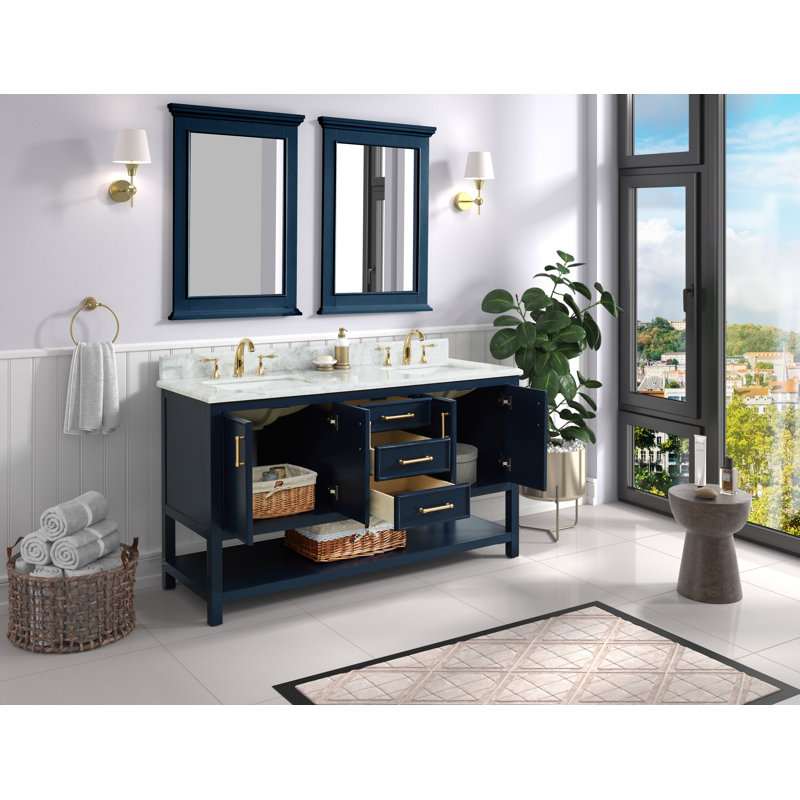 Meuble-lavabo double 60 po Manhattan avec comptoir en marbre de Carrare, pré-assemblé, Marine, Polished Marble