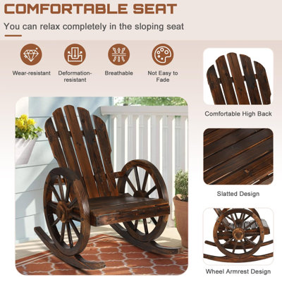 Outdoor Wagon Rocking Chair Set Of 2, Adirondack Rocker Chair W/Slatted Design And Back, Carbonized Patio Lounge Chairs Rustic Rocker With Wheel Armrest For Garden