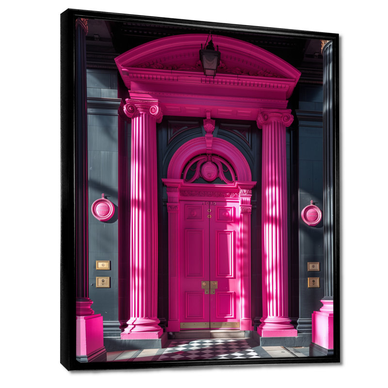 Porte de banque rose et noire - salon d'art mural Banks, Toile avec cadre flottant noir, H 32 po x l 16 po x P 1 po