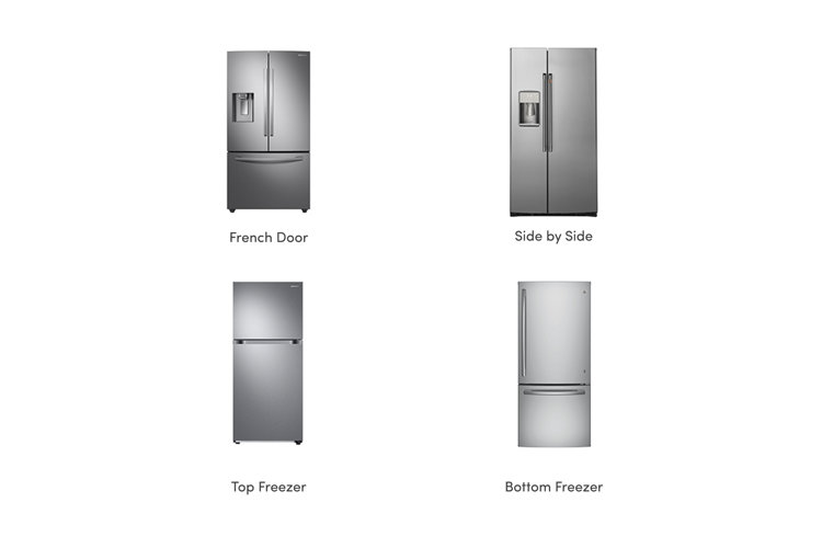 collage with four types of refrigerators: French door, side-by-side, top freezer, and bottom freezer