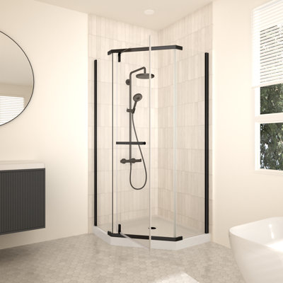Cabine de douche d'angle sans cadre 91,4 cm x 91,4 cm x 182,9 cm, cabine de douche néo-angle avec verre trempé transparent de 6 mm, porte de douche pivotante avec pellicule anti-explosion et nano-revêtement en finition noir mat