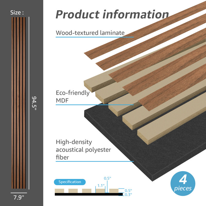 4pc x 94.5'' x 7.9'' Wood Slat Acoustic Panels, MDF 3D Decorative Wall Paneling (20.73 sq.ft./Case), Brown