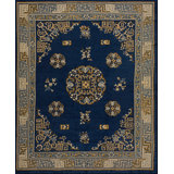 Antique Peking Chinese Floral, Medallion Navy 1880s Rug