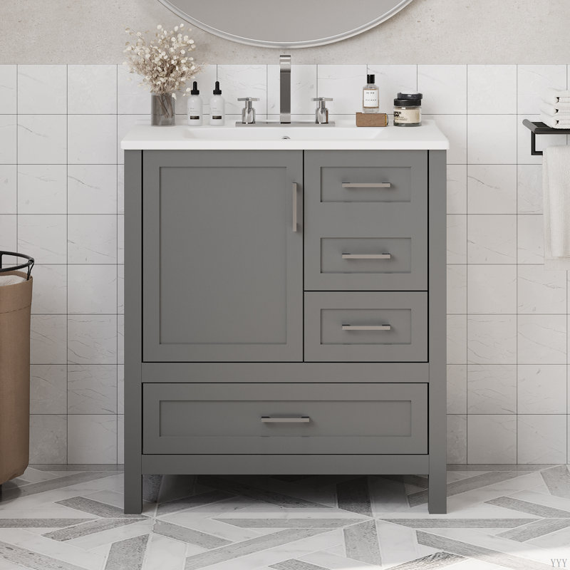 30" Bathroom Vanity Set with Sink, Solid Wood Storage Cabinet with Soft-Close Door, 3 Drawers, Includes Removable Tray – EPA/UPC Certified