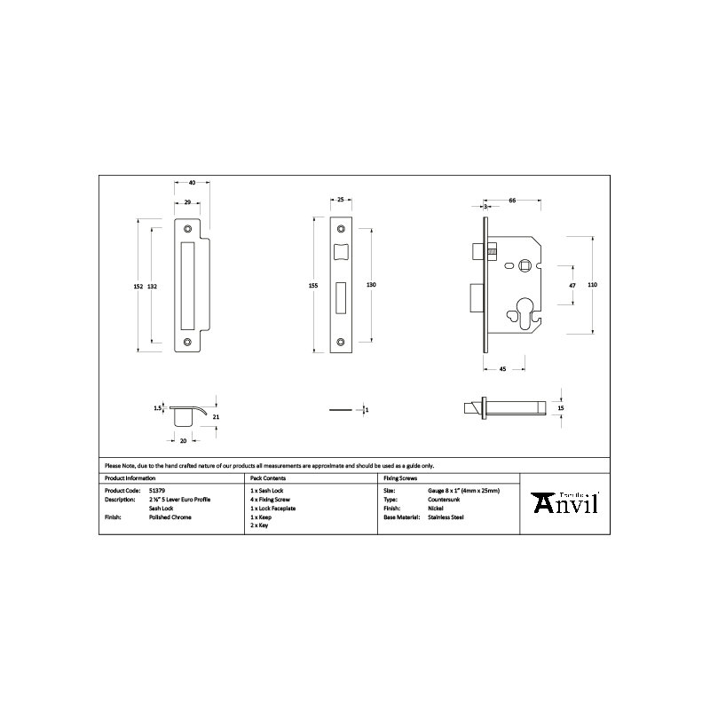 Euro Profile Sash Lock, Polished Chrome