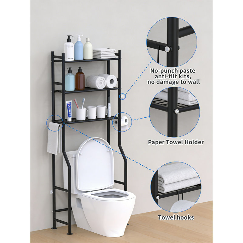 3-Tier Over The Toilet Storage Shelf, Freestanding Metal Unit With 4 Hooks And Paper Holder