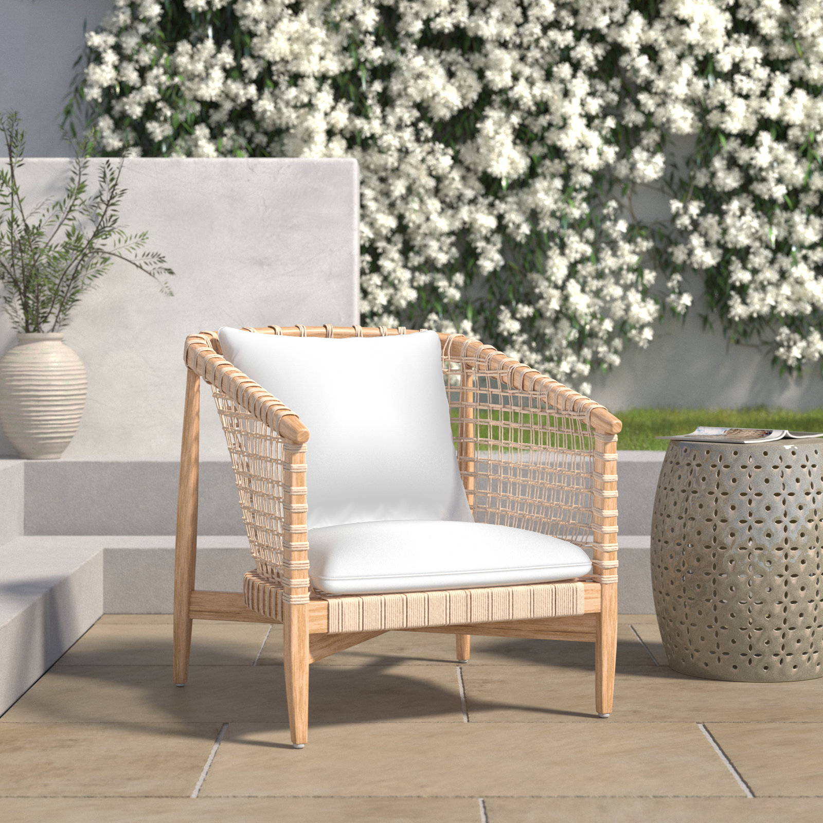 Izel Teak Outdoor Lounge Chair, White, Natural