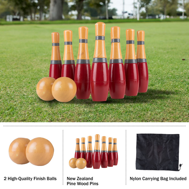 Wooden Lawn Bowling - Adults and Kids Bowling Set with 10 Pins, 2 Balls, Carry Bag - Indoor and Outdoor Games - Skittle Yard Games (Red)