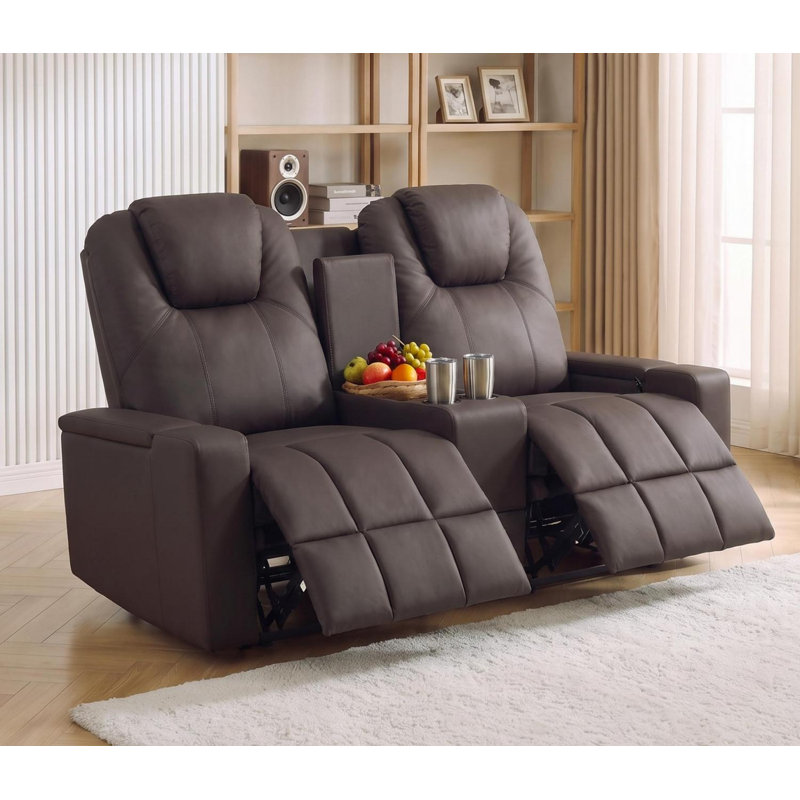 Fauteuil inclinable manuel avec porte-gobelets, port USB, causeuse inclinable avec console, tiroir et accoudoirs, Brun