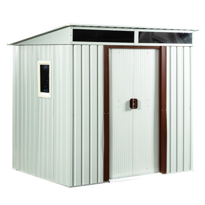 Remise de rangement extérieure en métal 6 pi x 5 pi - Blanc, structure et base en fer galvanisé, acier, portes coulissantes avec serrure, panneau de toit transparent, structure blanche à assemblage simple pour une utilisation à long terme,